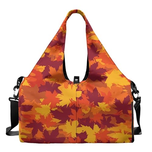Dajingkj メープルリーフ ヨガ ジムバッグ レディース シューズコンパートメント付き 秋 旅行 ダッフルキャリーオン ポケット スポーツ トートバッグ ウィークエンダー オーバーナイト バックパック 調節可能なヨガマットホルダー