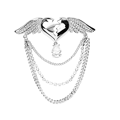 Image of Beating Heart with Angel Wings Brooch Lapel Pin Tassel Collar Pin Crystal Love Heart Brooch Badge
