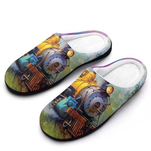 Smoke Steam Train Painting Men's Cotton House Slippers Warm Memory Foam Home Slip Shoes On for Indoor and Outdoor