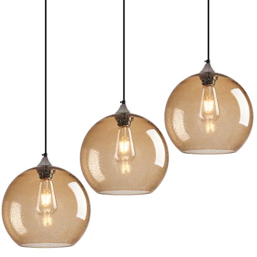 Image of Light Brown Glass Pendant Lights Kitchen Island Globe Pendant Light Fixtures Modern Pendant Lighting for Bedroom Living Dining Room Light Fixture (9.84 in, 3 Pack)