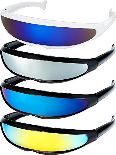 4 Pairs Futuristic Narrow Cyclops Sunglasses Robot Space Costume Color Mirrored Lens (3 Black 1 White Frame)