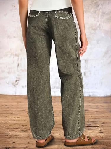 Flamingals Straight Leg Pants for Women Mid Rise Casual Cargo Multi Pockets Button Design Solid Pants3