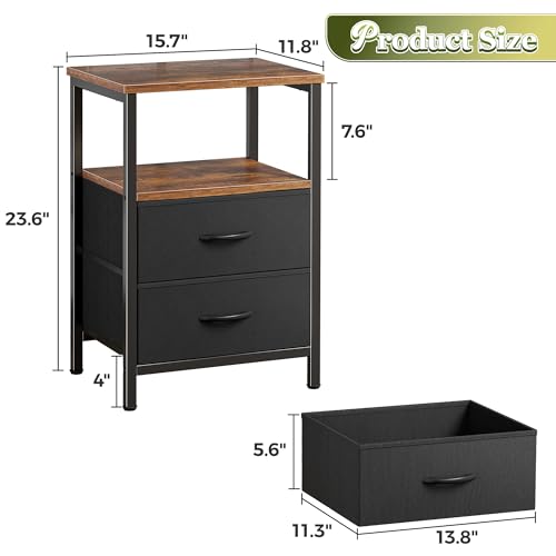 Huuger Night Stand Set of 2, Nightstand with 2 Drawers, Bed Side Table with Open Shelf, Wooden Top, End Table, Fabric Drawer, for Bedroom, Rustic Brown and Black by Huuger - Image 3