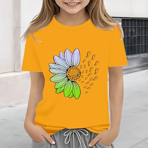 Girls Loose Fit Sunflower Graphic T Shirts Short Sleeve Crewneck Cute Pattern Printed Tops Kids (D-Yellow, 10-11 Years)4