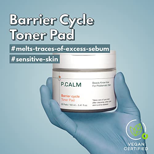 Pcalm Barrier Cycle Vegan Facial Toner Pad 60 Pads 5.41 Fl Oz Gentle Korean Skin Toner Calming Hydrating Soothing Sebum Care Exfoliates Great For All Skin Oily Acne-Prone Sensitive Dry Normal P.calm #TOP1