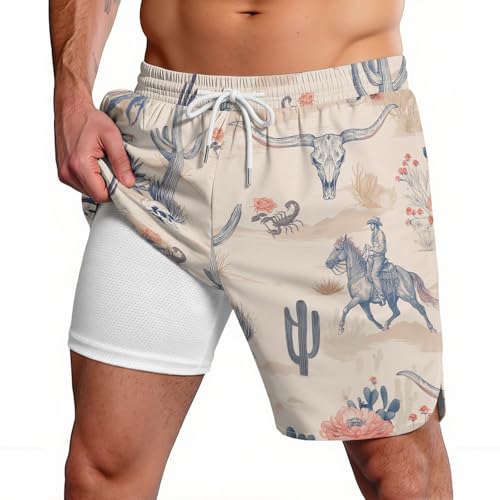 ABCPXY - ABCPXY Mens Swim Trunks - Western Cowboy Bull Skull Print Quick Dry Board Shorts with Mesh Lining, Khaki - Best Deal on Amazon