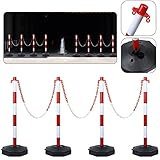 XMTECH Absperrpfosten mit Kette Set – 4 Stück Poller mit Standfuß, 4×1,4 m Kunststoffkette, mobil Kettenständer, Absperrung für Parkplatz, Baustelle & Sicherheit, Rot/Weiß