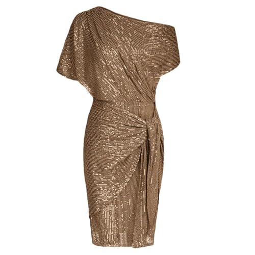 Vestido de fiesta para mujer, con lentejuelas brillantes, con un hombro descubierto, fruncido, entallado, de los años 80, para mujer, Reino Unido, marrón, M