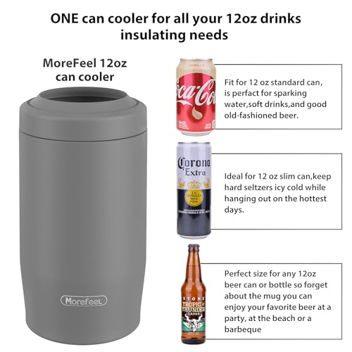 Image of Morefeel 4-in-1 Insulated Can Cooler for 12 oz Cans & Bottles | 304 Stainless Steel Can Holder Fits 12 Oz Slim Cans, Standard Cans, Beer Bottles & Works as A Open Cup; Dishwasher Safe