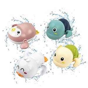 4 Pcs Baby Bath Toys, Wind Up Bath Toy, Baby Bathtub Toys Paddling Pool Toys, Floating Swimming Duck Turtle Penguin, Bath Toys for 0 1 2 3 Years Old Kids Toddlers Boys Girls Bath Gifts