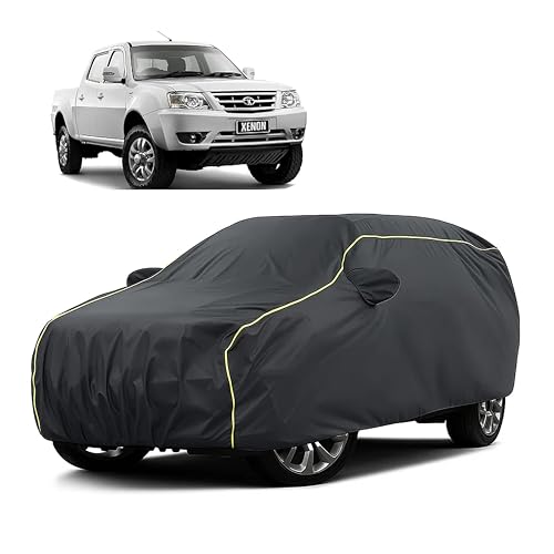 Image of Sulfar 100% Water Resistant Car Body Cover Compatible with Mirror for Tata Xenon (Triple Stitched, Full Bottom Elastic, Dark Grey Taffeta with Yellow Piping)