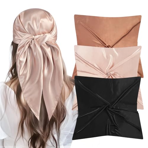 VBAEI 35” Large Square Satin Head Scarf - 3Pcs Silk Like Head Scarves Silk Bandana Satin Hair Scarf Head Wraps For Women(Brown,Camel,Black)