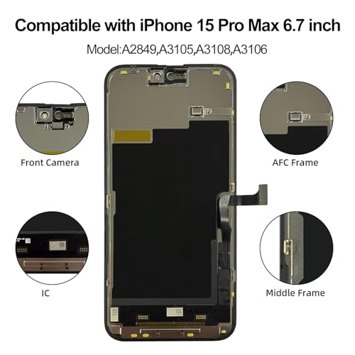 EFAITHFIX for iPhone 15 Pro Max Screen Replacement 6.7 Inch LCD COF 3D Touch Display Full HD Digitizer Frame Assembly Compatible with Model A2849,A3105,A3106,A3108 with Waterproof Adhesive (No Tools)