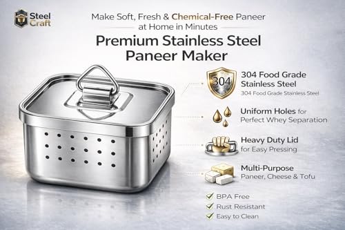 Image of Paneer Maker Steel 550ml | Paneer Maker Mould Press with Lid & Strainer | Homemade Paneer, Cheese & Tofu Maker Mould | Food Grade, Rustproof, Easy to Clean