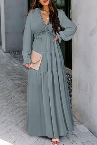 Image of BLENCOT Womens Casual Boho Floral Printed V Neck Long Sleeve Long Maxi Dress Spring Summer Dresses