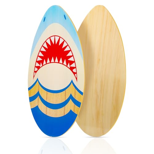 Skimboard 35 Inch Skim Boards for Beach Adults Kids High Gloss Coat Wooden Skim Board for Beginners Durable Lightweight Wood Body Board -Shark
