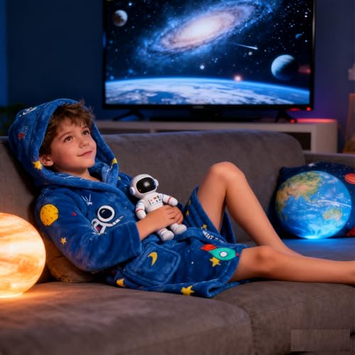 Image of Kids Bathrobe Hooded Plush Fleece Robe for Girls Boys