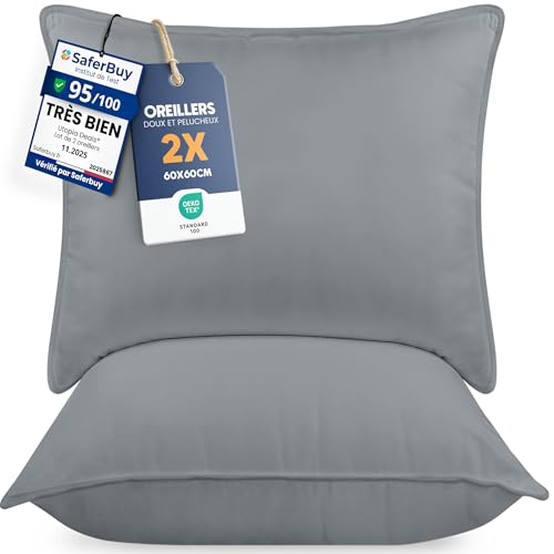 Utopia Bedding Pillow (Lot de 2), 60 x 60 cm, Oreiller de Sommeil, Coussin Respirant et Doux (Gris)