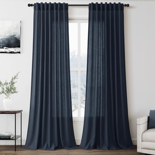 Image of Nanspring Vintage Blue Linen Curtains 108 Inches Long for Living Room Bedroom 2 Panels Set Extra Long Back Tab Drapes Light Filtering Semi Sheer Floor to Ceiling Curtain for Large Windows 52x108