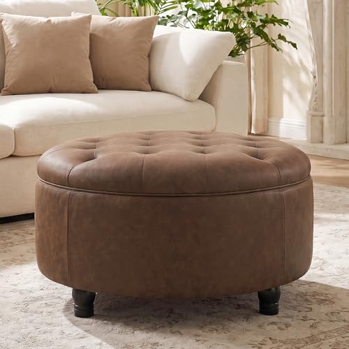 MIQMICMIK 30-Inch Round Storage Ottoman Button Tufted Ottoman Coffee Table with Removable Top for Living Room Bedroom Office (Cognac Tan)