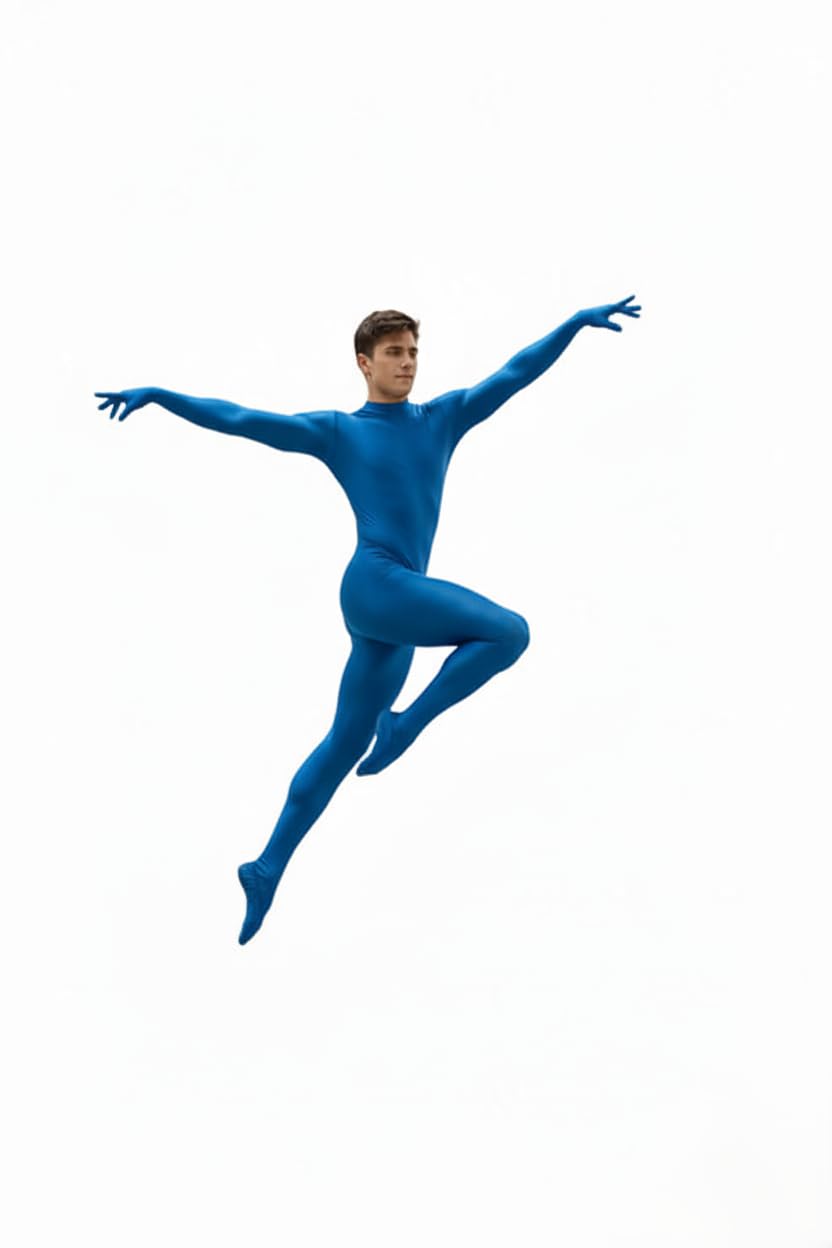 Men's Blue Long Sleeve Unitard | Full Body Dance & Gymnastics Costume | Stretchy Performance Suit with Stirrup Leggings | Comfortable Stage & Training Bodysuit