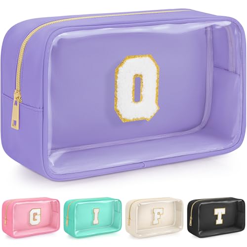 WELIDAY Initial Clear Makeup Bag, Birthday Gift Chenille Patch Cosmetic Bag