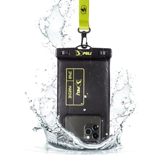 Peli Marine - IP68 Waterproof Phone Pouch (Regular Size)-Floating Waterproof Phone Case For iPhone 16 Pro Max/iPhone 15 Pro/14 Pro/13/12/S25 - Detachable Lanyard - Black/Hi-Vis Yellow