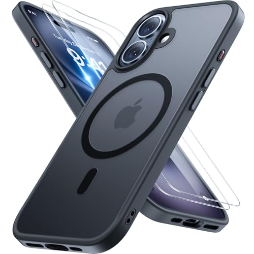 Miracase Magnetisch für iPhone 16 Hülle für Magsafe[mit 2 Schutzglas] Militärschutz Stoßfest Kratzfest Anti-Fingerabdruck Samtige Haptik Dünn Handyhülle für iPhone 16 6 1 Zoll Schwarz