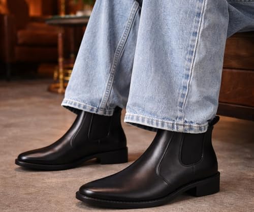 Image of Kraasa Men's Synthetic Leather Chelsea Boots - Slip-On Ankle Boots with Elastic Side Panels & Low Heel, Formal Casual Wear