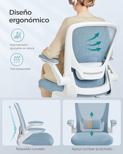 Miniatura 7 de Songmics Silla De Oficina, Silla De Escritorio De Malla, Silla Giratoria Ergonómica, Soporte Lumbar, Oscilante, Asiento De 53 Cm, Apoyabrazos Abatibles, Azul Niebla Obn037q01