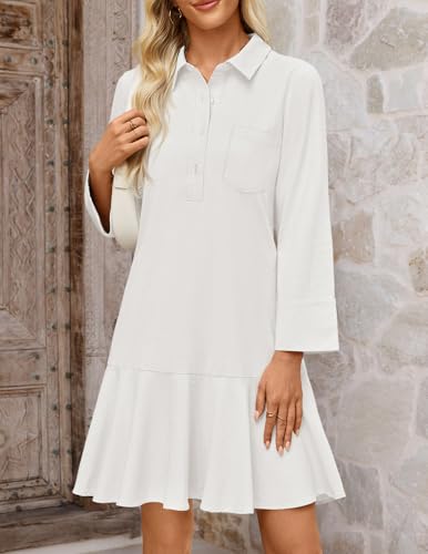 MEROKEETY Women's 2025 Fall 3/4 Sleeve Shirt Dress Casual Button Down Shift Pleated Midi Dresses with Pockets2