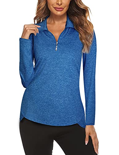 Koscacy Women's Bowling Shirt, V-Neck Sports Zipper Top For Tennis, Golf, Running - Dark Blue Medium #TOP2