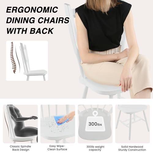 Image of HNY White Windsor Dining Chairs Set of 2, Farmhouse Wooden Kitchen Chairs with Spindle Back, Mid Century Modern Armless Kitchen Side Chair for Dining Living Room Restaurant