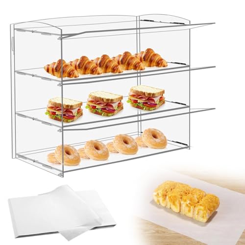 PORIYA 2/3 Tier Large Acrylic Bakery Cake Display,5mm Thick Transparent,Cabinet Case Donuts Cupcake Pastries, Model Showcase Countertop Flip-up Door (3 Tier)