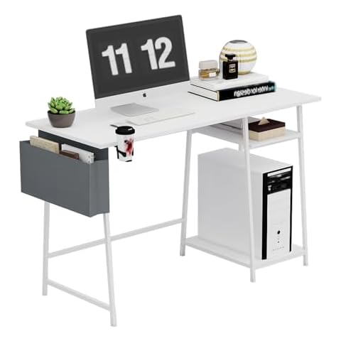 HOMIDEA Computer Desk 45 inches with 2 Tier Shelves, Large Sturdy Home Office White Desk with Large Storage Space, Modern Gaming Desk Study Writing Laptop Table, White Cover