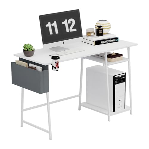 Computertisch, 110 cm, Gaming-Schreibtische, Bureau de Travail mit 2 Ebenen, großer Arbeitstisch, Holz-Schminktische mit Metallrahmen, für Schlafzimmer, Wohnzimmer, Büro, Weiß
