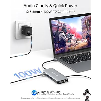 NOVOO USB C Hub, 11-in-1 Docking Station Multiport Adapter with 4K USB C to HDMI, VGA, Gigabit Ethernet, 100W PD, 3 USB-A 5 Gbps, MicroSD/SD Card Reader, Dock for Most Type-C Devices