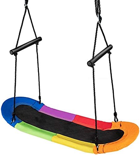 COSTWAY Kids Nest Swing, Hanging Platform Boat Surfing Tree Swings with Handles and Soft Padded Edge, Square Swing Seat for Garden Playground (Multicolor)