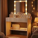 JUMMICO Schminktisch mit LED Beleuchtung und Spiegel, Einstellbare Helligkeit und Farbtemperatur, Kosmetiktisch mit 9 LED Glühbirne, Weiß