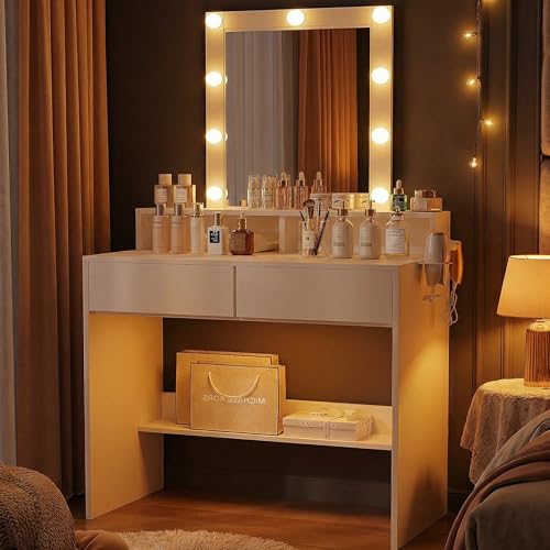 JUMMICO Schminktisch mit LED Beleuchtung und Spiegel, Einstellbare Helligkeit und Farbtemperatur, Kosmetiktisch mit 9 LED Glühbirne, Weiß