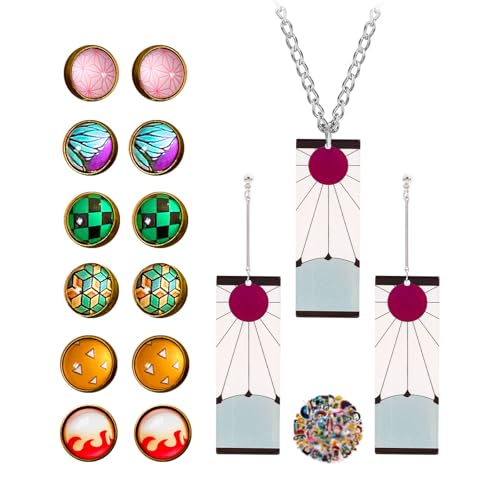 TFYU Demon S. Earrings Set Kimetsu No Yaiba Rengoku Mitsuri Necklace Tanjir.o Ear Studs with Anime Stickers 33 pcs
