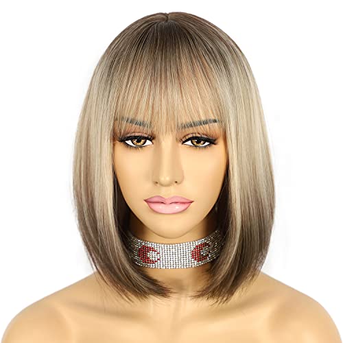 Sapphirewigs Blonde Bob Wigs for Women Ombre Wig with Bangs Short Blonde Bob Hair Daily Party Natural Looking Heat Resistant 14 inch - Image 2