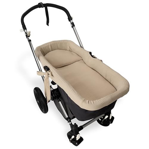 Babyline Cubre capazo Muselina 100% Algodón + Colchita + Almohada Muselina 100% Accesorios Set 3 Piezas. Fabricado En España. Hipoalergénica, Transpirable, Hipersuave (Arena)
