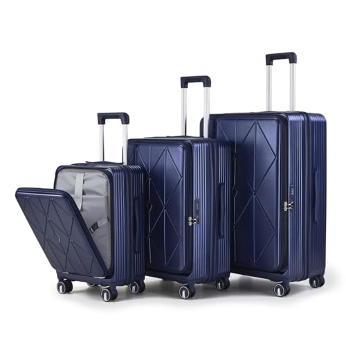 Luggage Sets 3 Piece(20/24/28), Expandable Carry On Luggage with TSA Lock Airline Approved, 100% PC Hard Shell and Lightweight Suitcase with Front Pocket and Spinner Wheels (Navy Blue)