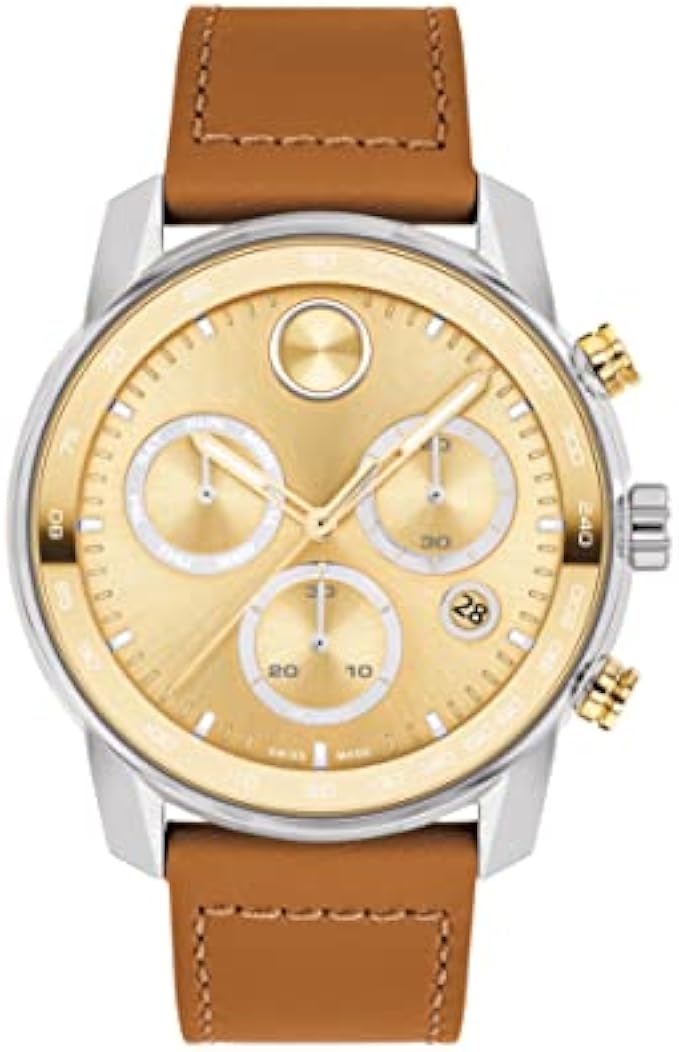 Movado 3600908 Bold Verso Men's Swiss Quartz Stainless Steel and Leather Strap Watch, Color: Beige, Beige, Chronograph
