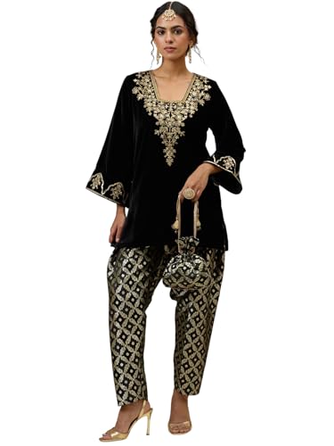 Shae By SASSAFRAS Women Black Velvet Embroidered Short Kurta With Farshi Salwar-XL Deal