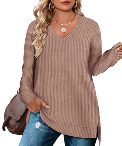 Image of RITERA Plus Size Women Sweaters Waffle Knit Pullover Top Long Sleeve Casual Crewneck Shirt Loose Split Hem Fall Winter Blouse