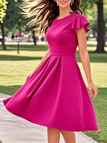 Image of oxiuly Women's Flounce Sleeve Wedding Church Vintage Dresses Casual Floral Party Cocktail Work Dress with Pockets Fei376