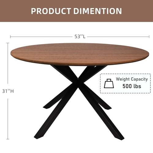 LUCKYERMORE 53" Round Dining Table for 4-6, Mid-Century Modern Dining Room Table with Metal Cross Legs, Large Wood Leisure Circle Coffee Table for Kitchen, Office, Living Room, Walnut, Easy-Assembly