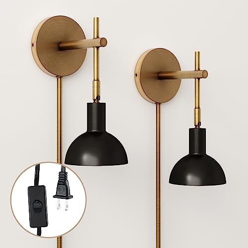 Image of Nathan James Tamlin Wall Light Fixture, Wall Mounted 1-Light Lamp, Plugin Sconce with On /Off Switch for Living Room, Reading Nook or Bedroom, Vintage Brass /Matte Black, Set of 2